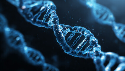 Closeup of a luminous blue dna double helix molecule against a dark background