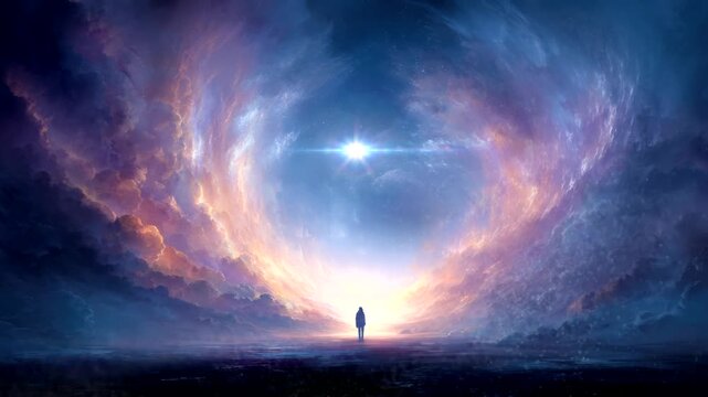 Lonely Man Watching Falling Stars in Space Galaxy Night. Seamless looping time-lapse virtual 4k video animation background