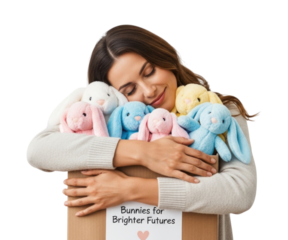 A Woman Hugging a Box of Stuffed Bunnies Isolated PNG