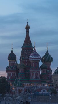 Sunset time lapse. St Basil's Cathedral, Red Square, Moscow, Russia