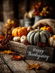 A beautiful Thanksgiving - themed still life featuring white and orange pumpkins, pine cones, autumn leaves, nuts, and red berries on a rustic wooden surface with a "Happy Thanksgiving" sign