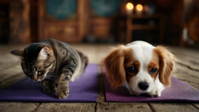 Domestic pets tabby cat and cavalier king charles spaniel resting on purple exercise mats