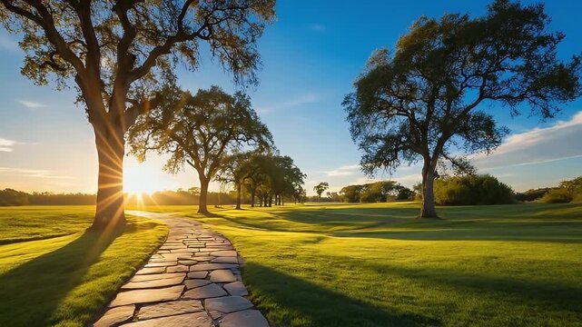 A beautiful flagstone pathway winds gracefully through a meticulously manicured green landscape, illuminated by the warm, golden glow of the sun during the golden hour. Tall, mature trees with expansi