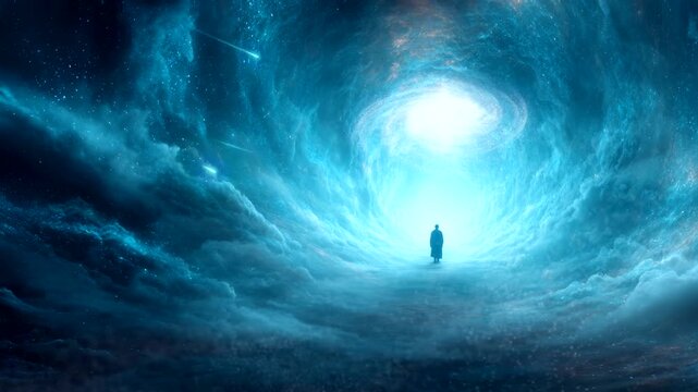 Lonely Man Watching Falling Stars in Space Galaxy Night. Seamless looping time-lapse virtual 4k video animation background