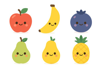 Set of cute kawaii style smiling fruit characters isolated on white background