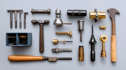 Fototapeta premium Collection of Various Hand Tools and Fasteners for Home Improvement Projects and Crafts on Gray Background, Featuring Hammers, Screws, and Precision Instruments