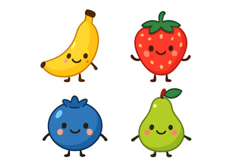 Happy fruit characters set featuring banana strawberry blueberry and pear
