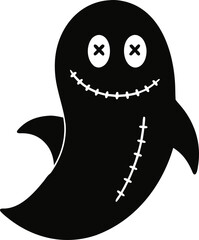 A ghost whose spine is crudely sewn shut with black thread. silhouette vector icon , white background