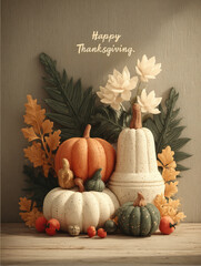 Beautiful Thanksgiving - themed Composition with Diverse Pumpkins, Autumn Leaves, and Elegant White Flowers, Evoking a Warm and Festive Atmosphere for the Gratitude - filled Holiday