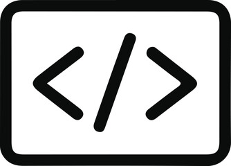 Obraz premium HTML coding icon for web development, Minimal black and white icon showing code brackets representing programming, website development, and software coding concepts for developers.