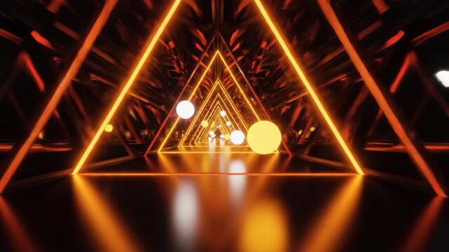 Neon Triangle Tunnel Geometric SciFi Corridor with Glowing Orbs.