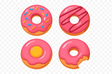Collection of four sweet pink glazed donuts with sprinkles and frosting variations