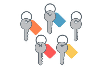 Multiple identical keys on key rings with various colored blank identification tags