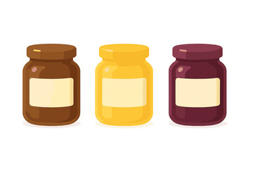 Set of three glass jars containing different colored food spreads with empty labels