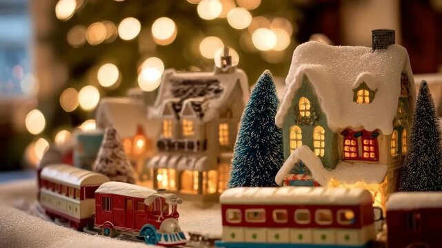 Miniature model village with a moving toy train under festive christmas lights and snow