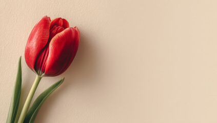 A single red tulip with green leaves against a soft beige background