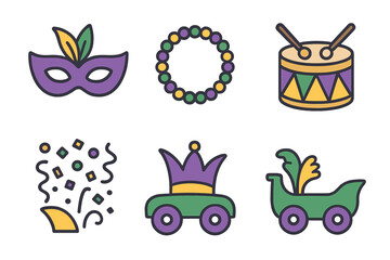 Traditional Mardi Gras festival symbols set including mask, beaded necklace, drum, confetti, and parade elements
