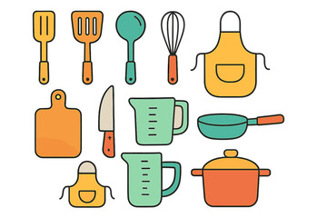 Kitchen equipment and cooking utensils collection including apron and cutting board