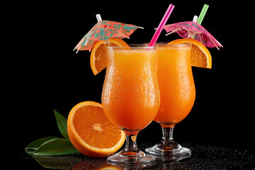 Two orange cocktail glasses with straws and umbrella on black background