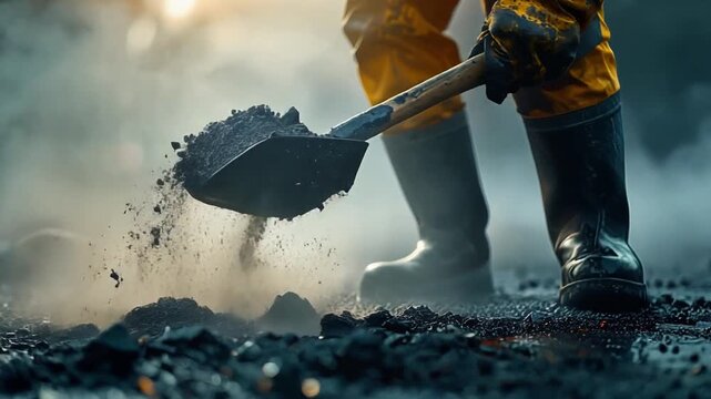 Road Construction Worker Leveling Asphalt with Shovel, Hot Smoke Rising