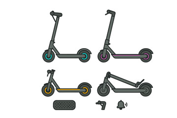 Modern electric scooters standing and folded with essential accessories for urban transport