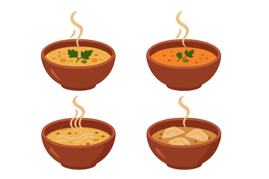 Four steaming bowls of hot soup: vegetable, cream, noodle, and dumpling