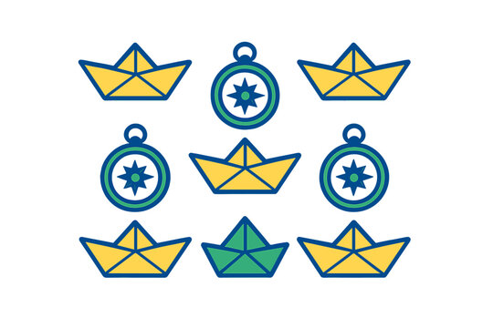 Seamless repeating pattern with stylized paper boats and nautical compass icons