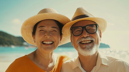 Joyful elderly couple enjoying beach serenity