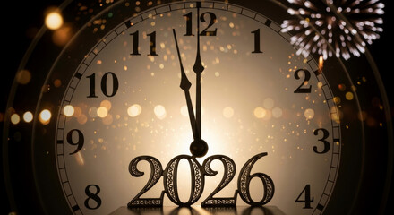 New Year's Eve countdown with a clock showing midnight, decorative numbers 2026.