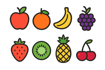 Colorful set of eight different fruits including apple orange banana strawberry kiwi pineapple and cherries
