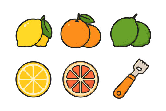 Set of colorful cartoon icons featuring whole citrus fruits, slices, and a kitchen zester tool