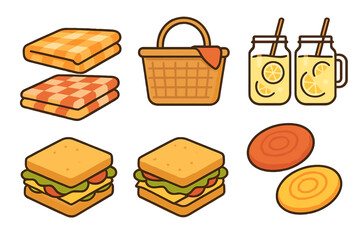 Picnic essentials collection with checkered blankets, wicker basket, sandwiches, lemonade, and flying discs