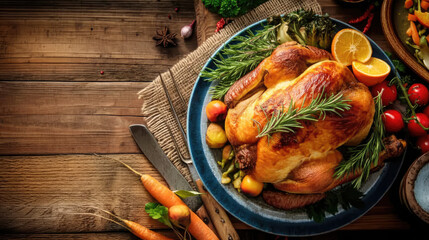 A mouth - watering roasted turkey, the centerpiece of Thanksgiving, surrounded by fresh parsley, juicy cranberries, and other festive side - dishes on a rustic wooden table.