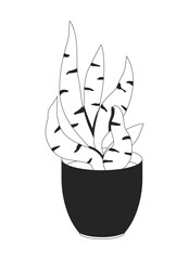 Sansevieria snake plant in black pot 2D line object. Dracaena trifasciata potted, mother in laws tongue houseplant flowerpot isolated clipart vector ink outline item. Monochrome spot illustration