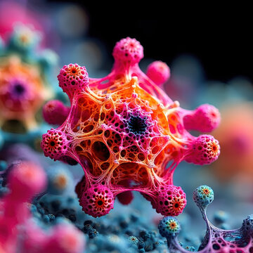 Hyper-realistic animation &mdash; Microscopic Worlds & Biomolecules series: colorful mandala-like biomorph dissolving into fractal microstructures