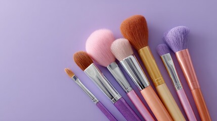 Assorted Make-up Brushes Arranged Neatly on a Soft Purple Background for Beauty and Cosmetics Themes and Products