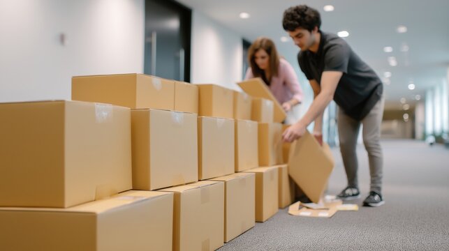 Two Colleagues Stacking Cardboard Boxes in Hallway