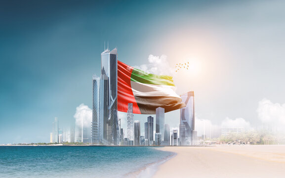 United Arab Emirates flag waving behind modern skyline. UAE national flag for independence day.