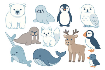 Cute cartoon Arctic and Antarctic animals set including polar bear, penguin, walrus, and whale