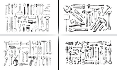 Obraz premium construction doodle pack, hardware sketch elements, black white tool line art, building equipment drawing, renovation tool icons, engineering repair set, worker tools illustration, minimal constructio