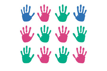 Obraz premium Vibrant array of handprints in repeating rows of blue, magenta, and teal colors on a clean white backdrop