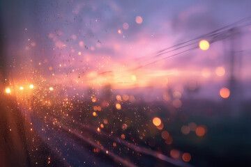 View from train window with blurred lights and dreamy pastel glow