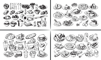 fast food doodle illustration, burger and fries vector, pizza and sandwich sketch, street food snack art, tasty fast meal design, hand drawn food collection, restaurant menu doodle, creative junk food