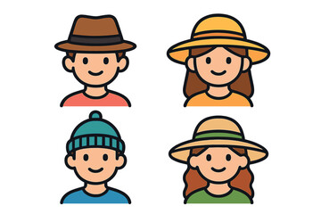 Set of four diverse profile avatars featuring people wearing seasonal hats and headwear