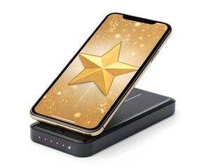 Gold credit card and smartphone technology concept with digital devices and communication icons