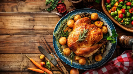 A mouth - watering roasted turkey, the centerpiece of Thanksgiving, surrounded by fresh parsley, juicy cranberries, and other festive side - dishes on a rustic wooden table.