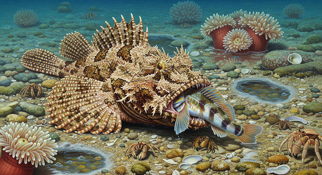 Detailed Painting of a Scorpionfish Catching Prey on the Seabed
A highly detailed and realistic illustration depicting a camouflage-colored scorpionfish