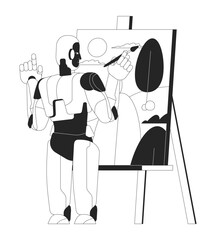 Artificial intelligence painting landscape 2D line character. AI robot painter creating generative artwork on easel isolated vector ink outline personage. Monochromatic spot illustration