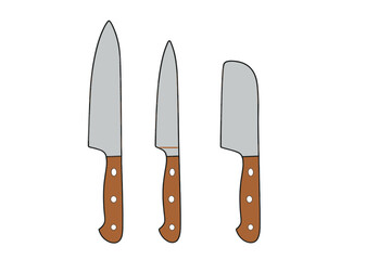 Set of essential kitchen knives including chef's knife utility knife and cleaver blade with wooden handles