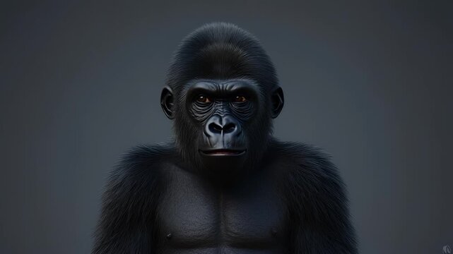 A captivating close-up portrait of a majestic animated primate, meticulously rendered with realistic detail, resembling a young gorilla. The creature's expressive face, with its deep-set brown eyes an